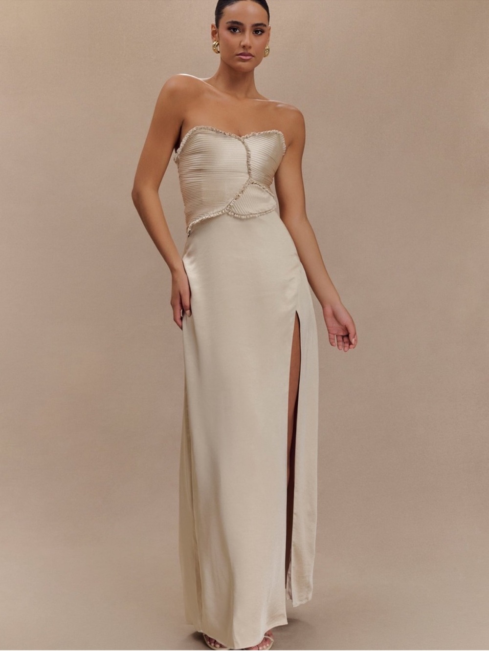 Meshki Larissa Satin Maxi Dress - Strapless Cream Evening Gown with Side Slit